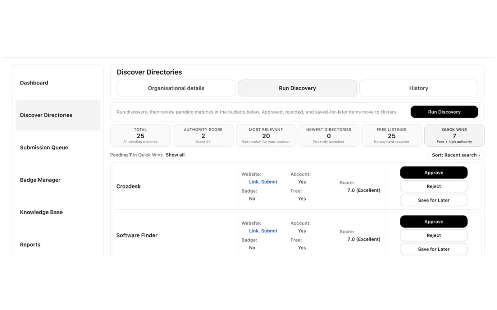Uberlist Discover Directories screen showing directory opportunities and review actions