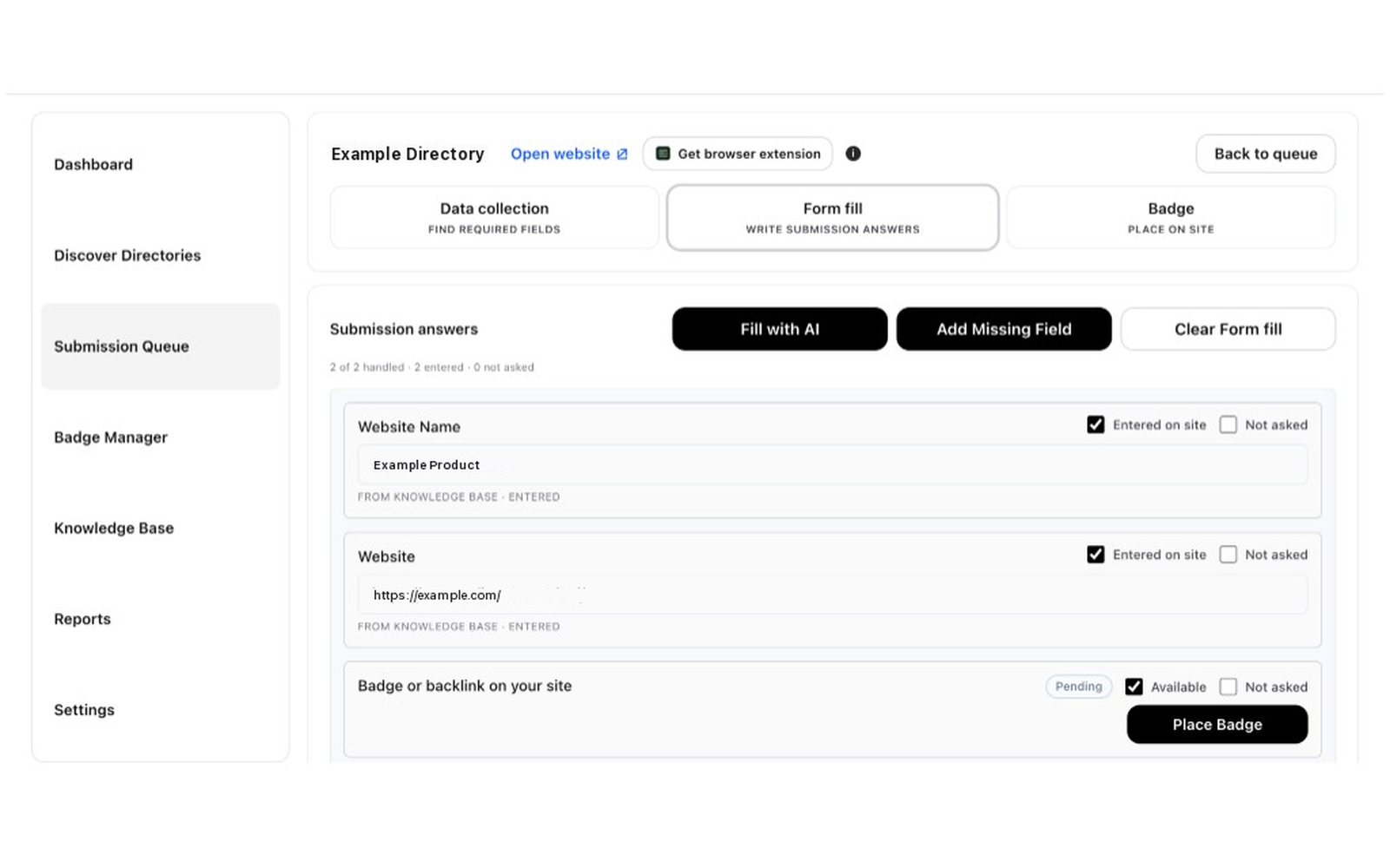 Uberlist Submission Queue form fill screen showing prepared submission answers